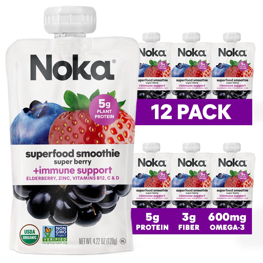 Noka Superfood Fruit Smoothie Pouches, Super Berry with Immune Support, Healthy Snacks with Flax Seed, Elderberry and Plant Protein, Vegan and Gluten Free, Organic Squeeze Pouch, 4.22 oz, 6 Count - Image 1